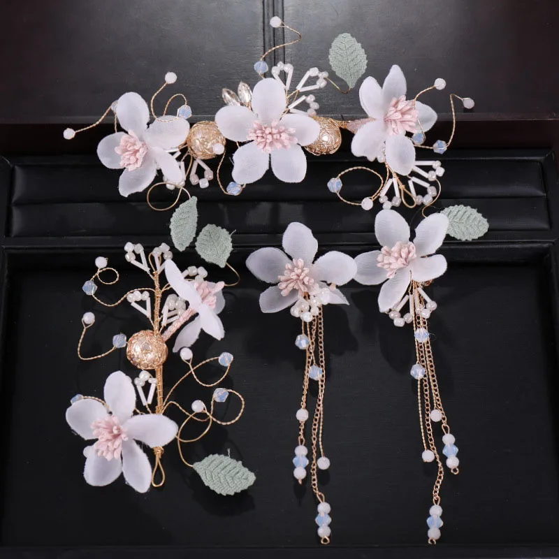 

FORSEVEN Yarn Pink Flower Headband Long Tassel Earrings Set Women Tiaras Headpiece Wedding Hair Accessories Jewelry Sets JL