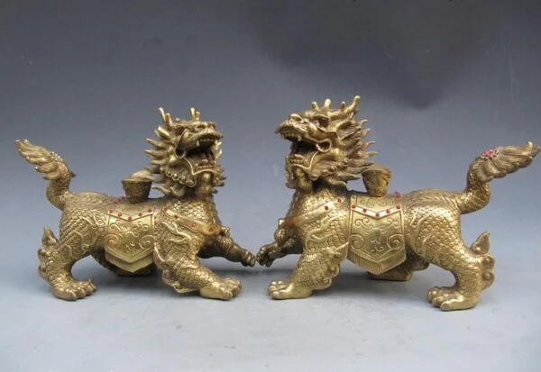 

song voge gem S1212 7 Chinese craftwork Pure Brass Feng Shui Evil Fu FOO Dog Lion Kilin kylin Pair