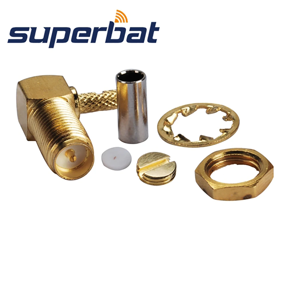 Superbat 10pcs RP-SMA Crimp Female(male pin) Right Angle RF Coaxial Connector for RG174,RG316,LMR100 Cable - Bulk Pack