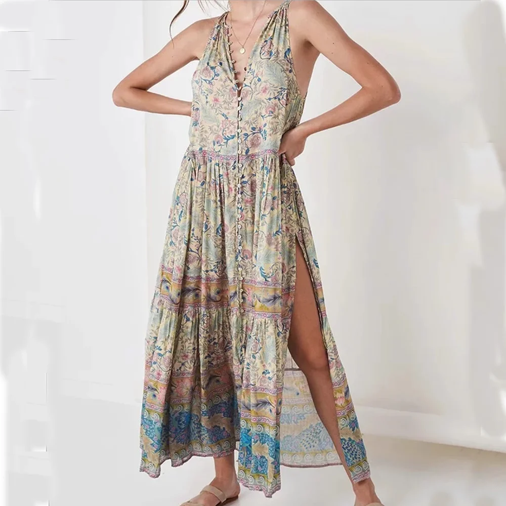 V-Neck Sleeveless Vest Maxi Dress Women Gypsy Print Dresses Beach Long Button-up Front Rock-chic | Женская одежда