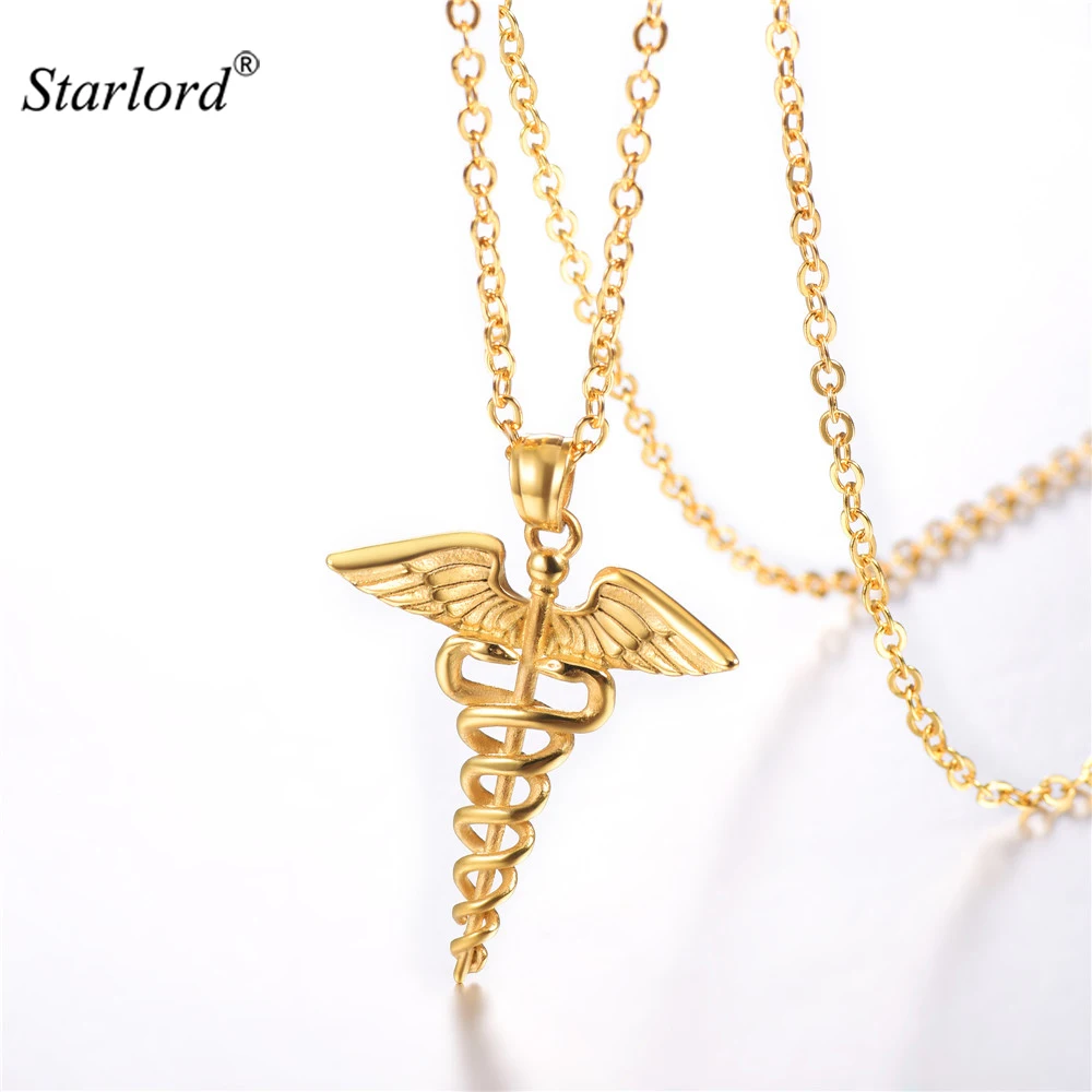 

Staff Of Asclepius Necklace Pendant Stainless Steel/Gold/Black Snake Rod Graduation Gift Rod of Asclepius Necklace GP3238