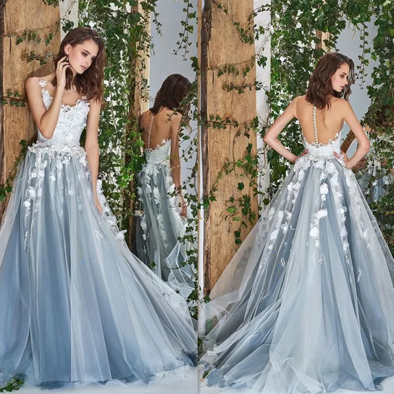 

Princess Flowers Tulle Scoop Neckline A-line Wedding Dress with Lace Applique Illusion Tulle Back Sweep Train Bridal Dress