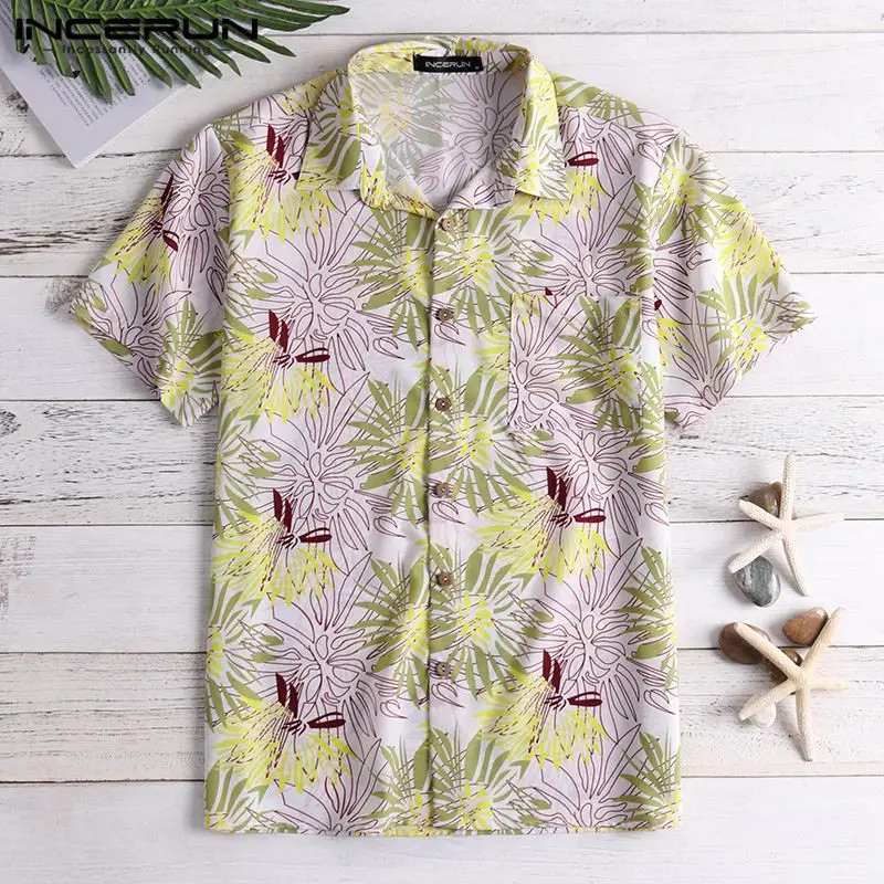 INCERUN الصيف رجل قميص هاواي صيفي الطباعة قصيرة الأكمام بدوره إلى أسفل طوق عارضة قمم فضفاضة الاستوائية الشاطئ قمصان الرجال Chemse 2019