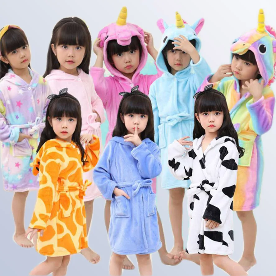 Boys Girls Bathrobes Flannel Hooded Cartoon Pegasus Children Towel Robes Autumn Winter  Sleepwear for 3 4 6 8 10 12 years