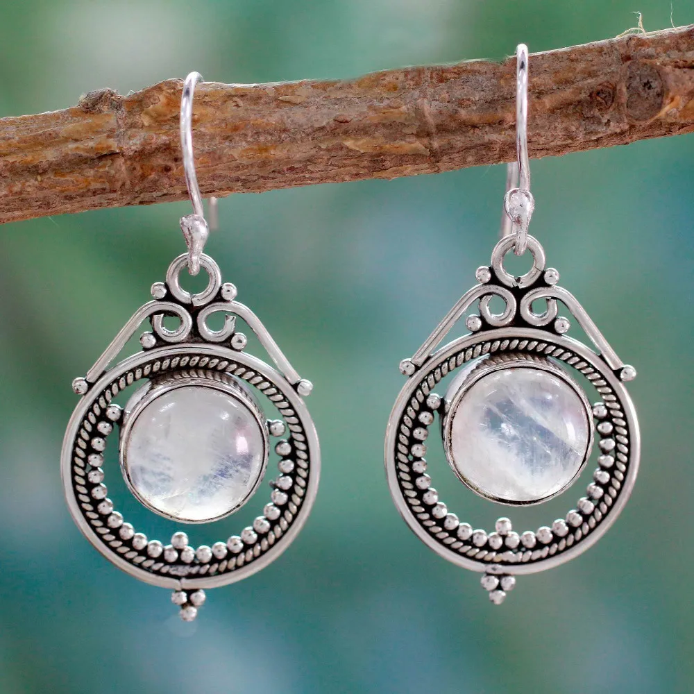8Seasons Vintage Women Moonstone Dangle Long Earrings For Women Ethnic Round Alloy Ladies Party