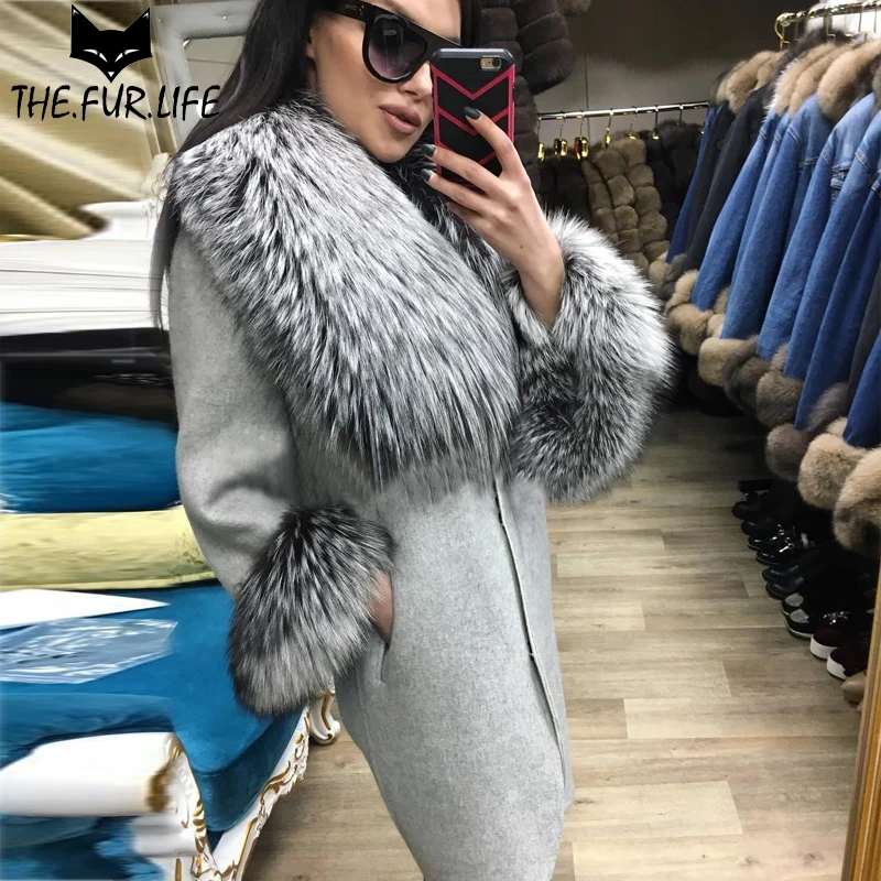 

2018 Winter Fur Coats Nature Fox Fur Jackets For Women Outerwear Tops Best Quality Cashmere Woollen Coat With Silver Fox Collar