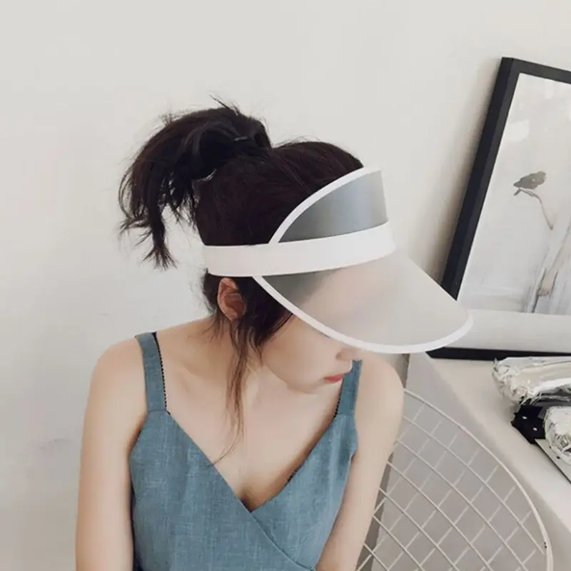 النساء الرجال شفافة PVC البلاستيك ظلة قبعة متجمد الحلو الحلوى اللون فارغة مكشوفة الرياضية الشاطئ قبّعة للوقاية من الشّمس حزام الظهر