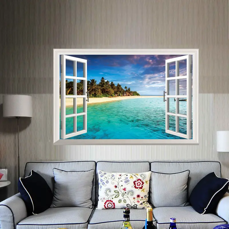 Natuur thema 3D Venster Tropische Oceaan Strand Muursticker art ... Natuur thema 3D Venster Tropische Oceaan Strand Muursticker art ...