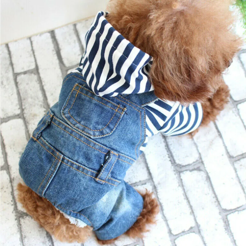 

Fashion Small Dog Striped Cotton Denim Clothes Teddy Dog Leotard Pet Puppy Dog Cat Hooded Romper Pet Plothes Dog Hoodies