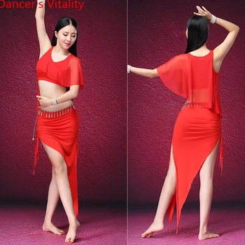 

Stage Belly Dance 2pcs Set For Women Ballroom Modal Crop Top + Side Split Belly Dancing Suits Placketing Sexy Dancers Costume