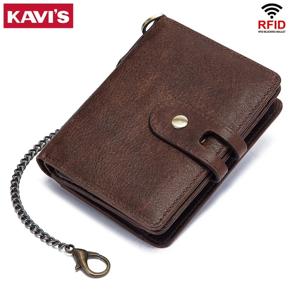 

KAVIS 100% Genuine Leather Men Wallet PORTFOLIO Male Purse Small Portomonee Card Holder Mini Hasp Money Bag Chain Brand Quality
