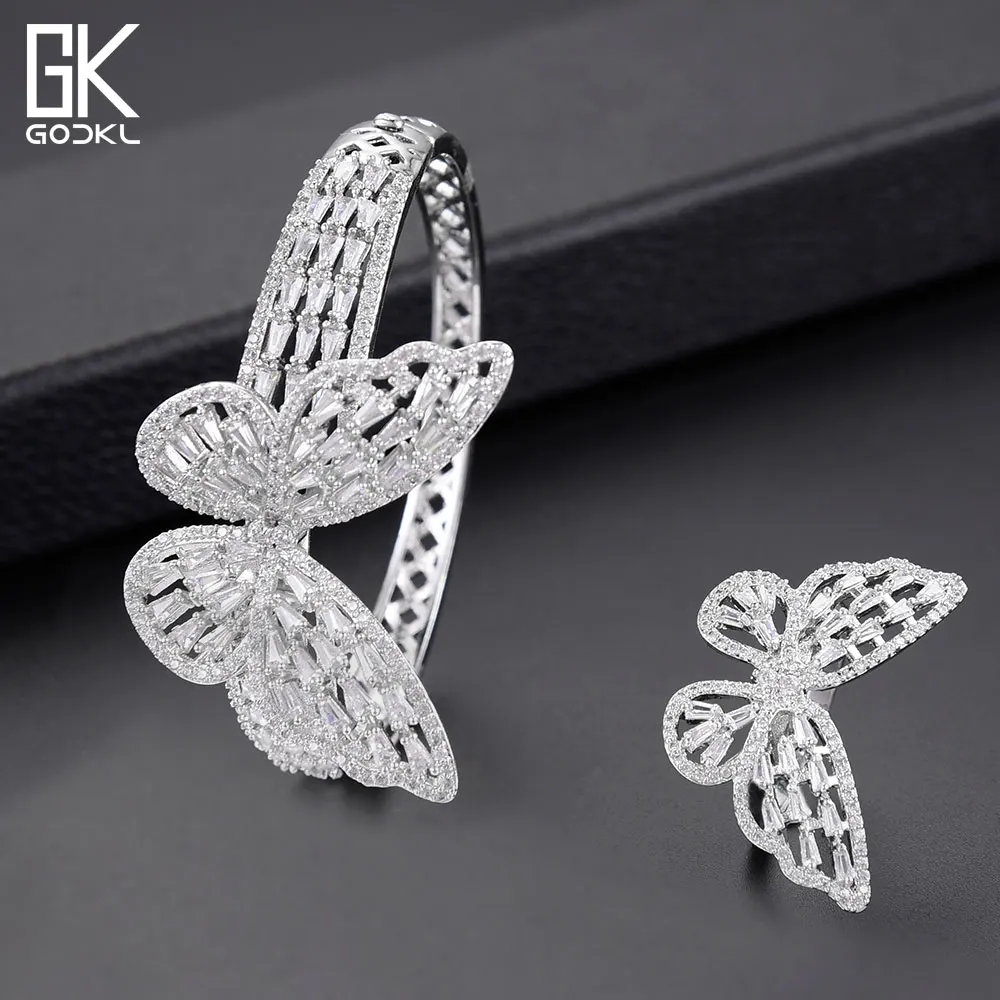 GODKI Luxury Butterfly Bangle Ring Sets Fashion Dubai Silver Bridal Jewelry Sets For Women Wedding brincos para as mulheres 2018