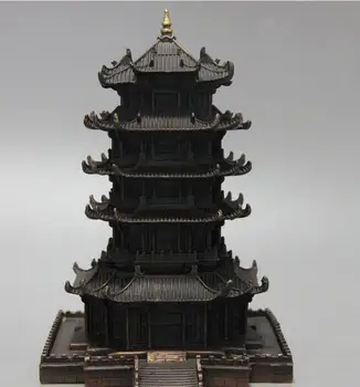 

9" China Folk Bronze Copper Carved Statue Sculpture Dagoba Crane Tower