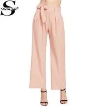 Sheinside Wide Leg Palazzo Pants Elegant Pink Women Self Bow Tie High Waist Pants 2017 Summer Casual Solid Slim Work Lady Pants
