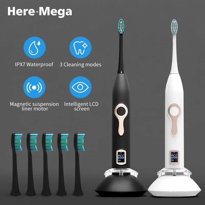 

HERE-MEGA Automatic Sonic Electric Timer Toothbrush Ultrasonic Vibrating Whitening Power Rechargeable Tooth Brush USB for Adult