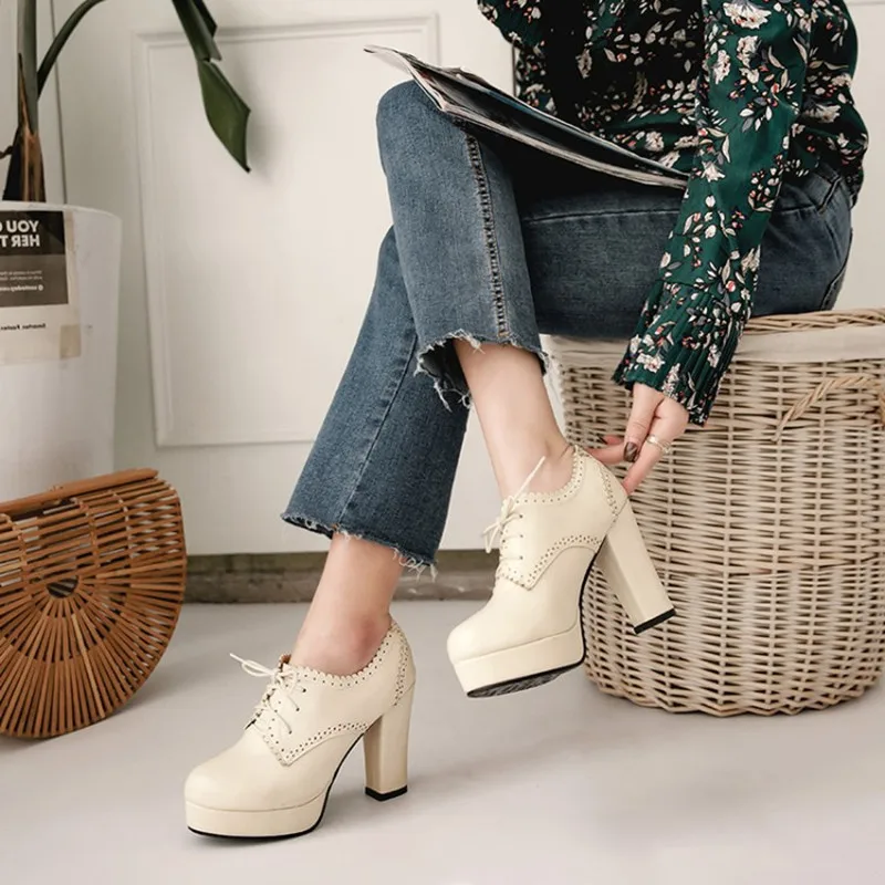 Plus Size 34-43 Spring Autumn Fashion Women Pumps Platform Thick High Heels Single Shoes Lace up Lace Ladies Female Casual Shoes Plus Size 34-43 Spring Autumn Fashion Women Pumps Platform Thick High Heels Single Shoes Lace up Lace Ladies Female Casual Shoes