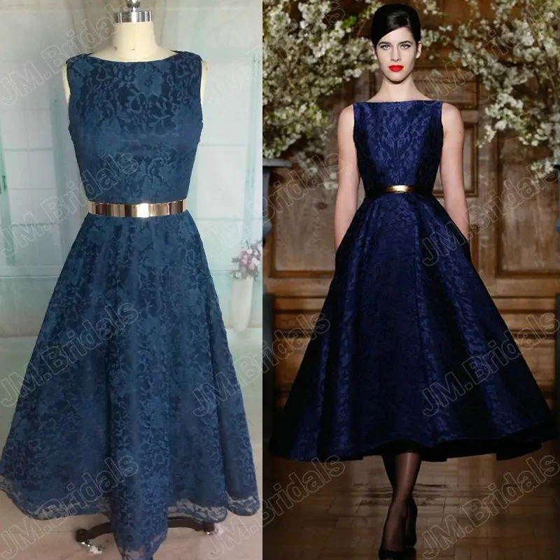 navy lace tea length dress