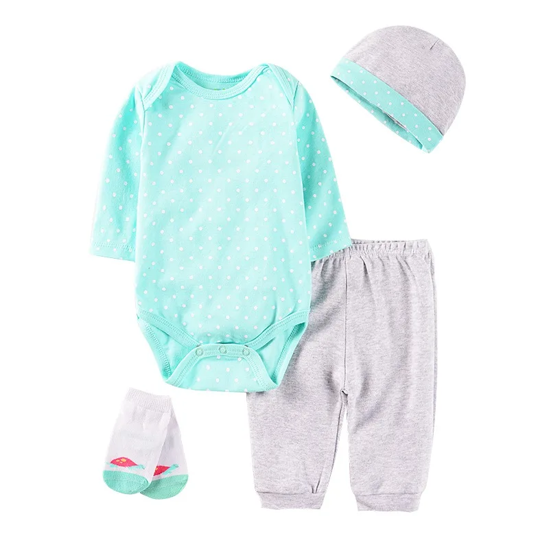 Модные комплекты одежды для малышей, милая хлопковая одежда для маленьких девочек, костюм для новорожденных мальчиков, 4 предмета, боди с длинными рукавами для младенцев+ штаны+ носки+ шапка