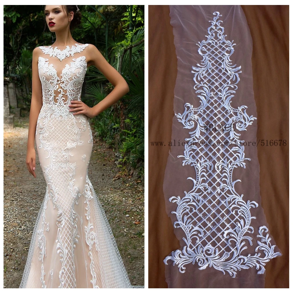 

1piece High quality big applique patch off white cord embroidery patch wedding dress Accessories 38*14cm