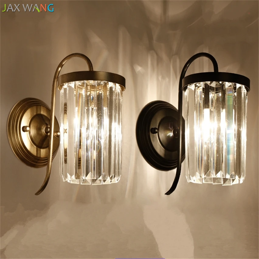 

JW_American Crystal Clear Glass Lampshade Wall Lamps LED Lights for Bedroom Bedside Lamp Staircase Hallway Porch Wall Lighting