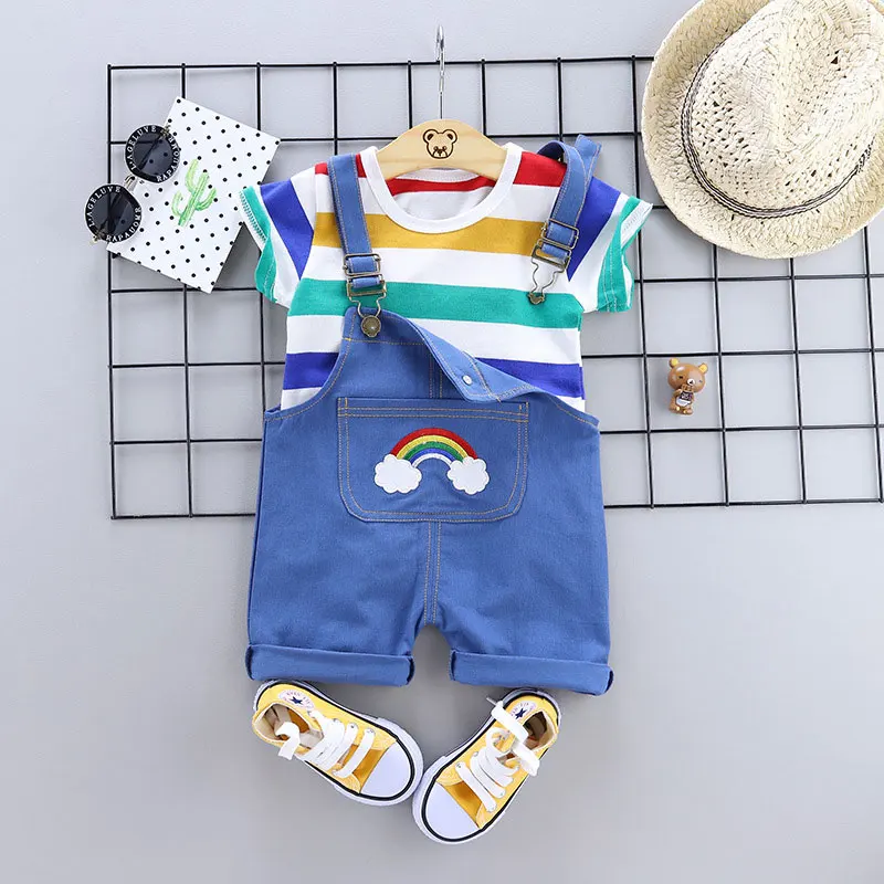 Льняной хлопковый комбинезон, шорты и короткая футболка, комплект из 2 предметов, штаны для мальчиков и девочек, детский летний комбинезон, комплекты одежды - Цвет: BHY-CaiHong-Blue