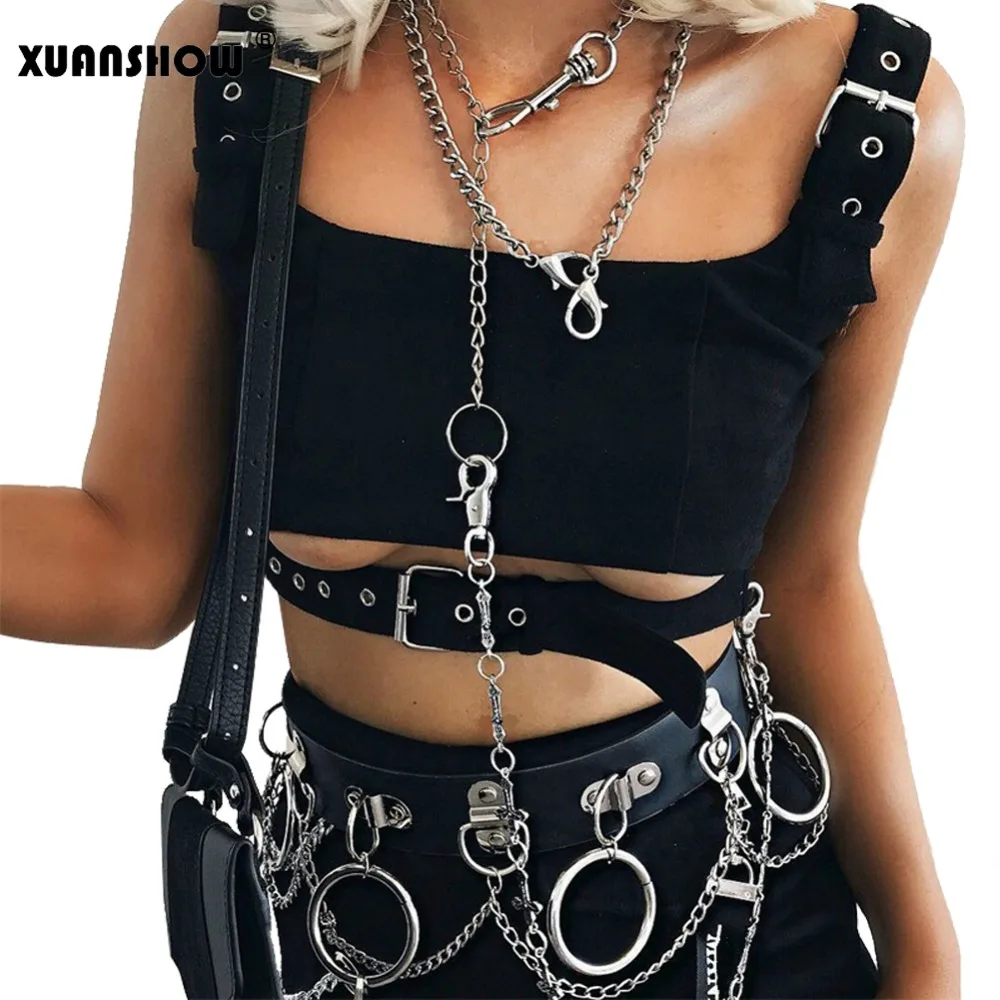 

XUANSHOW Punk Style Women Clothes Cotton 2018 Autumn Hollow Lacing Black Solid Color Back Zipper Vest Long Pants Suit Streetwear
