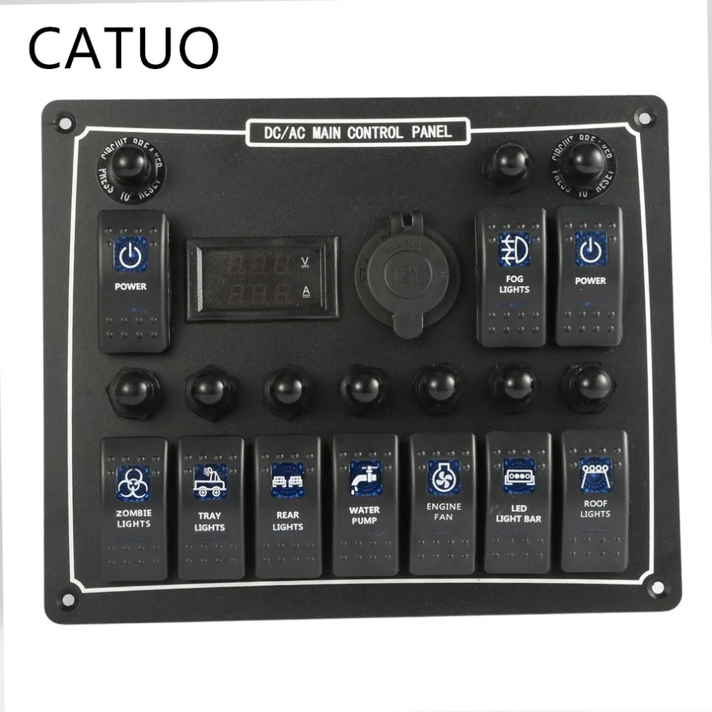

New 10 Gang Waterproof Car Auto Boat Marine LED AC/DC Rocker Switch Panel Dual Power Control Overload Protection 15A DC Output