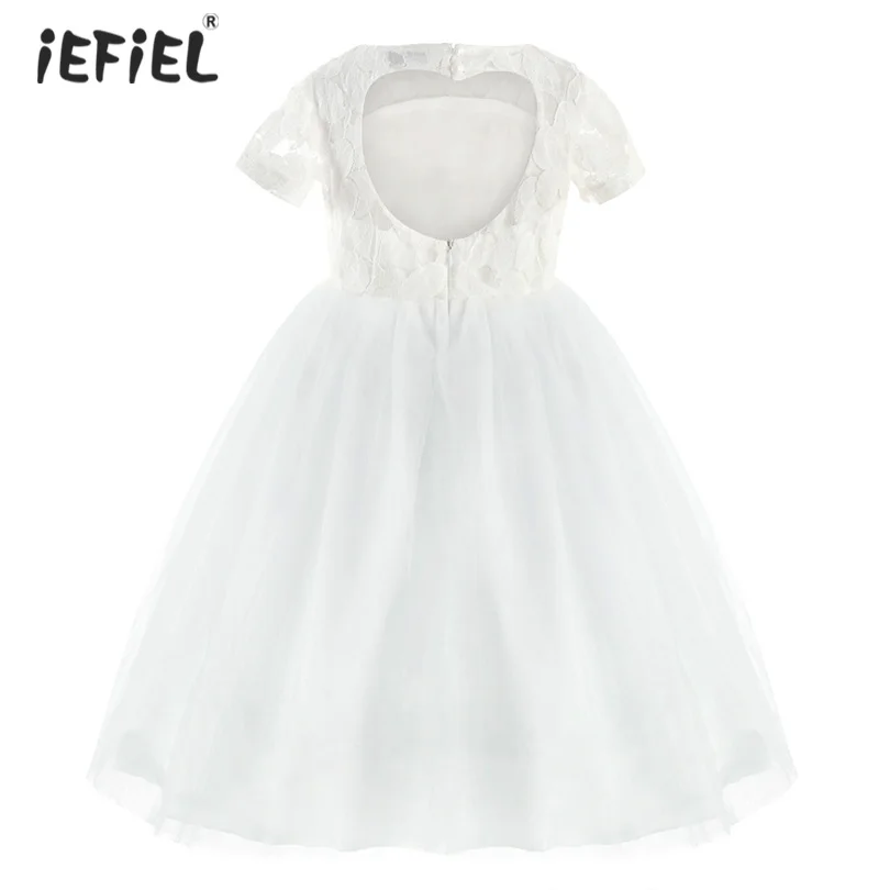 

White Kids Lace Flower Girls Dress Back Hollow Heart Shape Summer Wedding Dresses For Girls First Communion Party Princess Dress