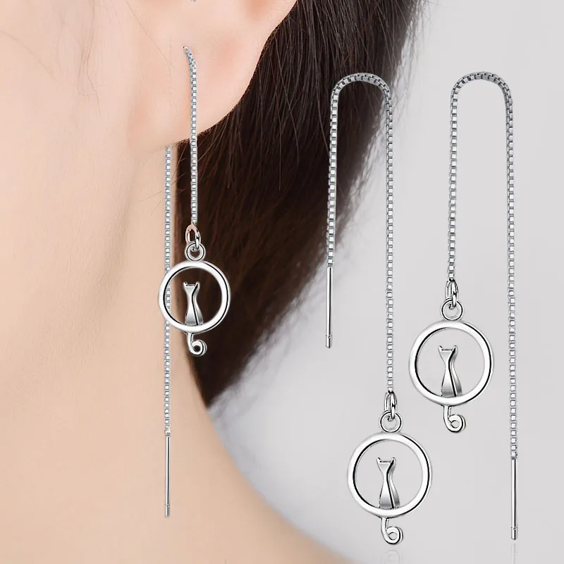 

925 Sterling Silver Cute Cat On Moon Pendant Hanging Earrings Fashion Female Girls Long Chain Ear Wire Dangle Earrings Brincos