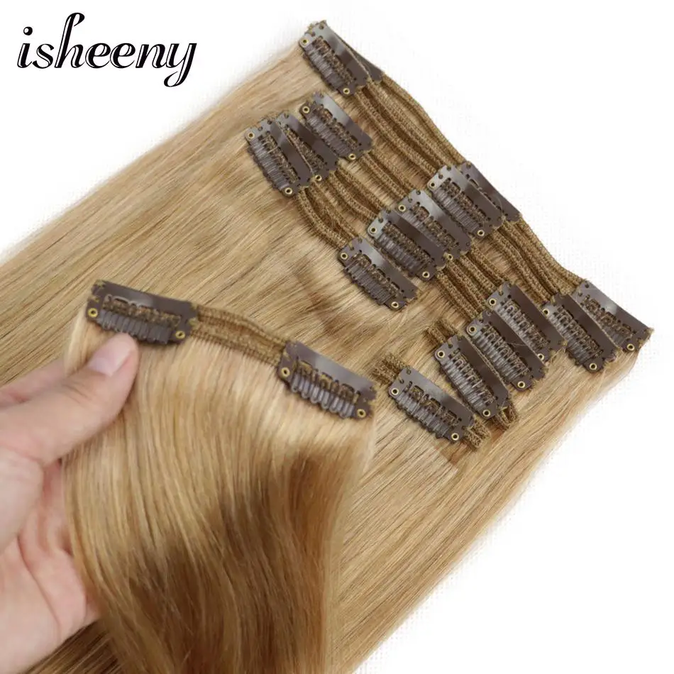 Isheeny Remy Clip in Human Hair Extensions Dark Blonde Color 27# Thick Double Weft Brazilian Hair Clip ins Full Head Set