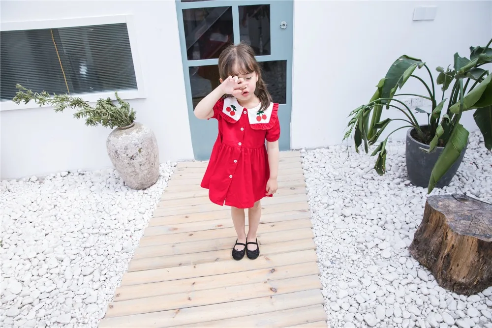 2019 Crianças Roupas Meninas Coreanas Vestido Navy Vento Lapela Vestido Cereja
