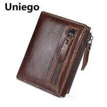 Uniego Genuine Leather Men Wallets Short Coin Purse Small Vintage Male Wallet Cowhide Leather Card Holder Pocket Men Wallet HB83 mingclan vintage trifold genuine leather wallet men design cowhide leather id card holder male purse short coin pocket bag purse