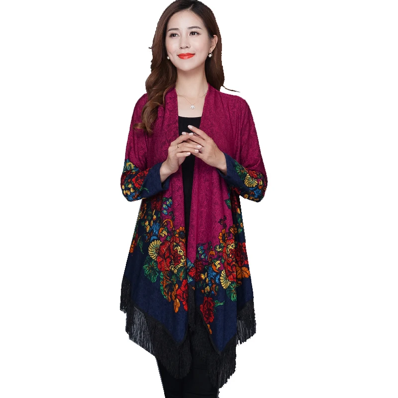 

Spring and autumn women's fashion national wind printing long section of loose big yards windbreaker jacket shawl TB910