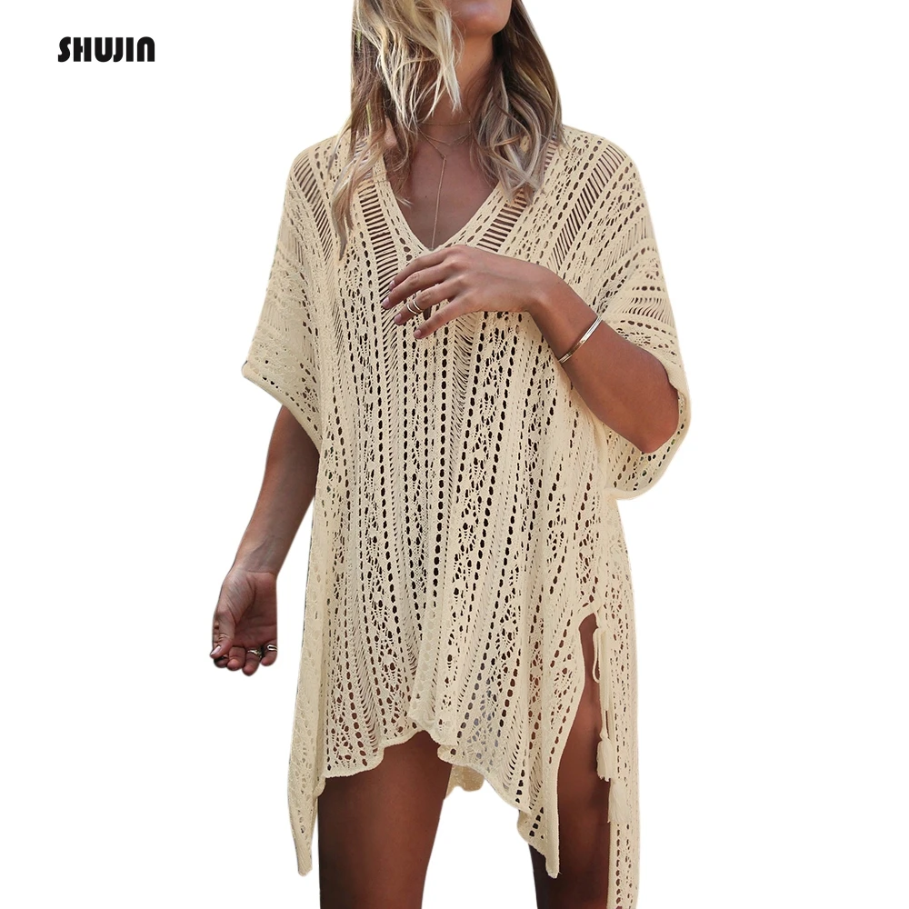 

SHUJIN 2019 Women's Sexy Swimwear Crochet Tunic Cover up Beach Loose Female Casual Sunscreen Hollow Out Short Sleeve Tops