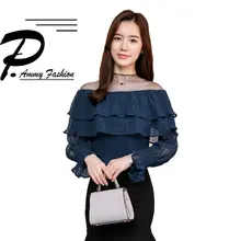 Новые газовые плиссированные шифоновые футболки с оборками милые рубашки с длинными рукавами весенний Повседневный свободный стиль Топы женские футболки