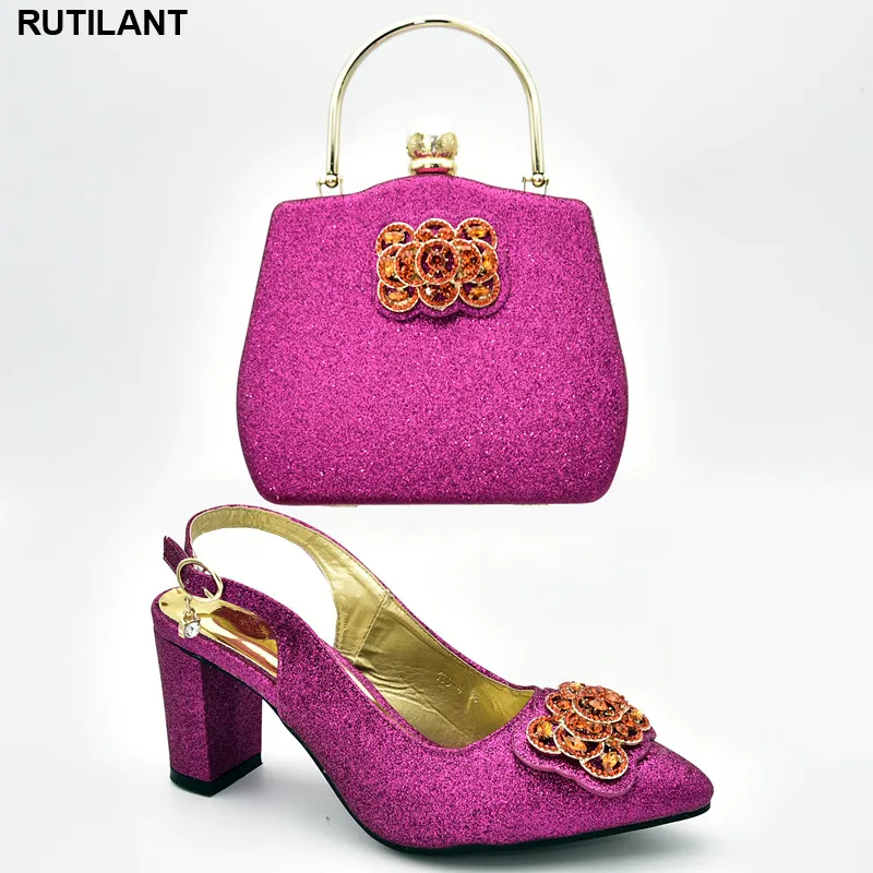 

New Arrival Italian Shoes with Matching Bags for Women Nigerian Women Wedding Party Shoes and Bag Set Decorated with Rhinestone