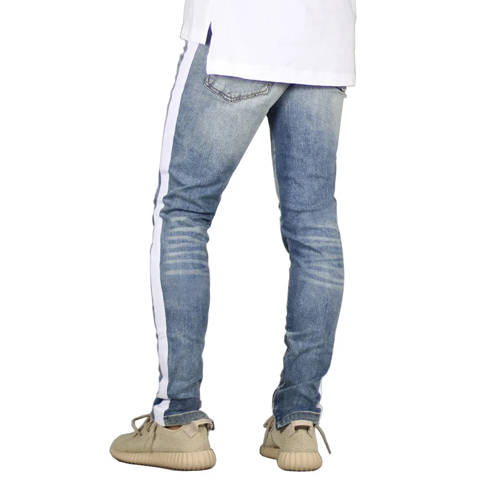 Koop Mannen Jeans Ontwerp Fashion Kant Streep Ripped Vernietigd Jeans Voor Mannen H8709