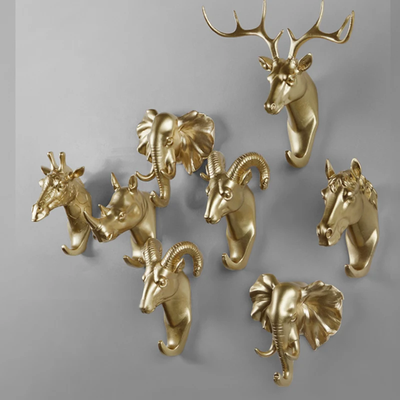 gold animal head resin crafts robe hooks wall decoration clothes coat hat key hanging decorative wall - Decorative Wall Hooks gold animal head resin crafts robe hooks wall decoration clothes coat hat key hanging decorative wall - Decorative Wall Hooks