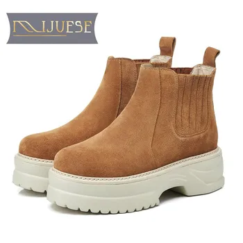 

MLJUESE 2018 women ankle boots Cow Suede slip on Rome style strange heel winter short plush platform boots women Chelsea boots