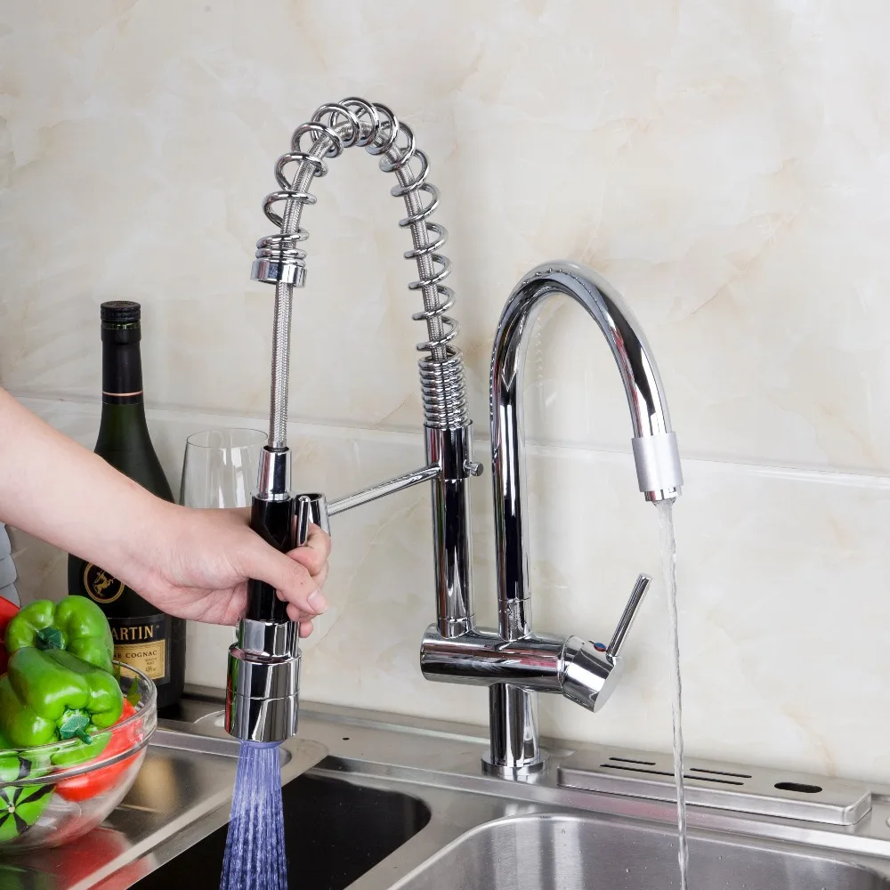 YANKSMART кухонный кран с двойным Spouts светодиодный кухонный кран одна ручка, хромированный смеситель, кран для кухонной раковины 8525-5D