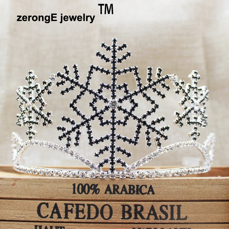 ZerongE jewelry 3 5 &quotблестящий серебряный черный тиара-Снежинка горный хрусталь