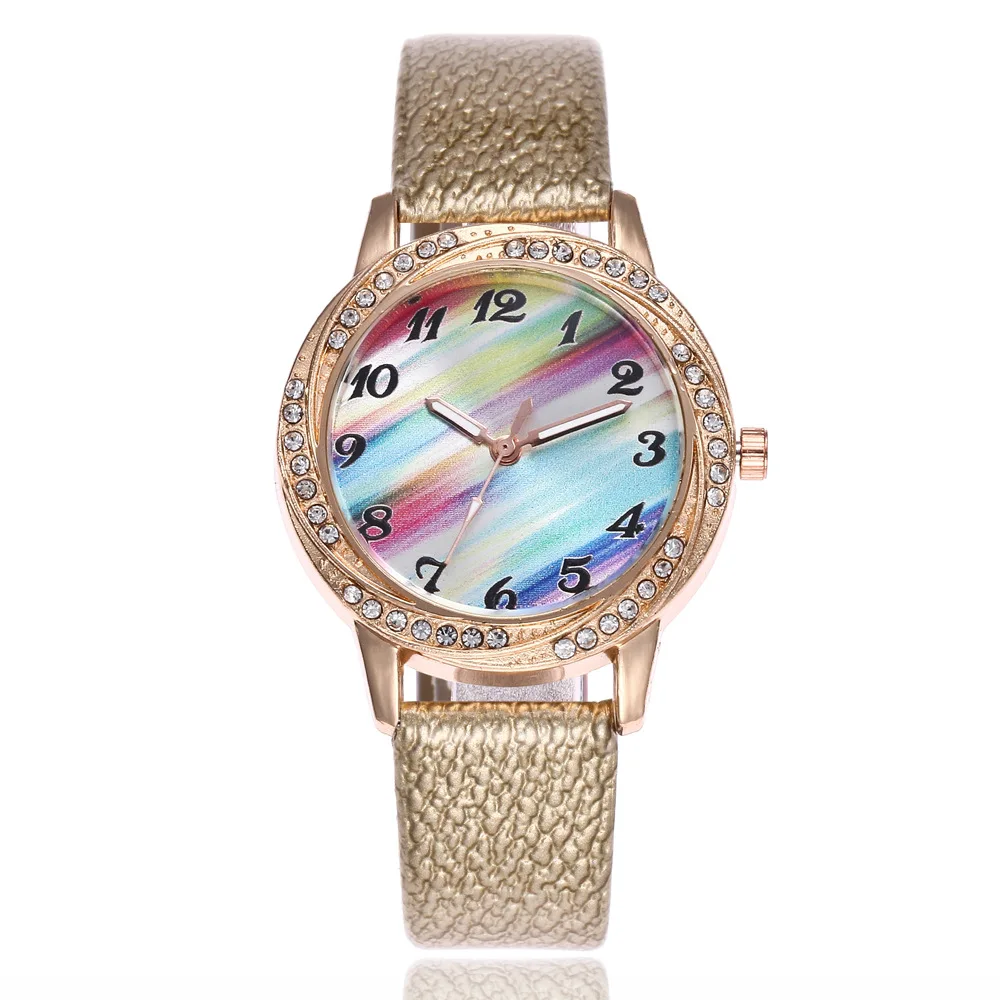 

2018 New Women Quartz Watch Fashion Rainbow Dial Leather Strap Wristwatch Gold Case Diamond Dress Ladies Watch Montre Femme