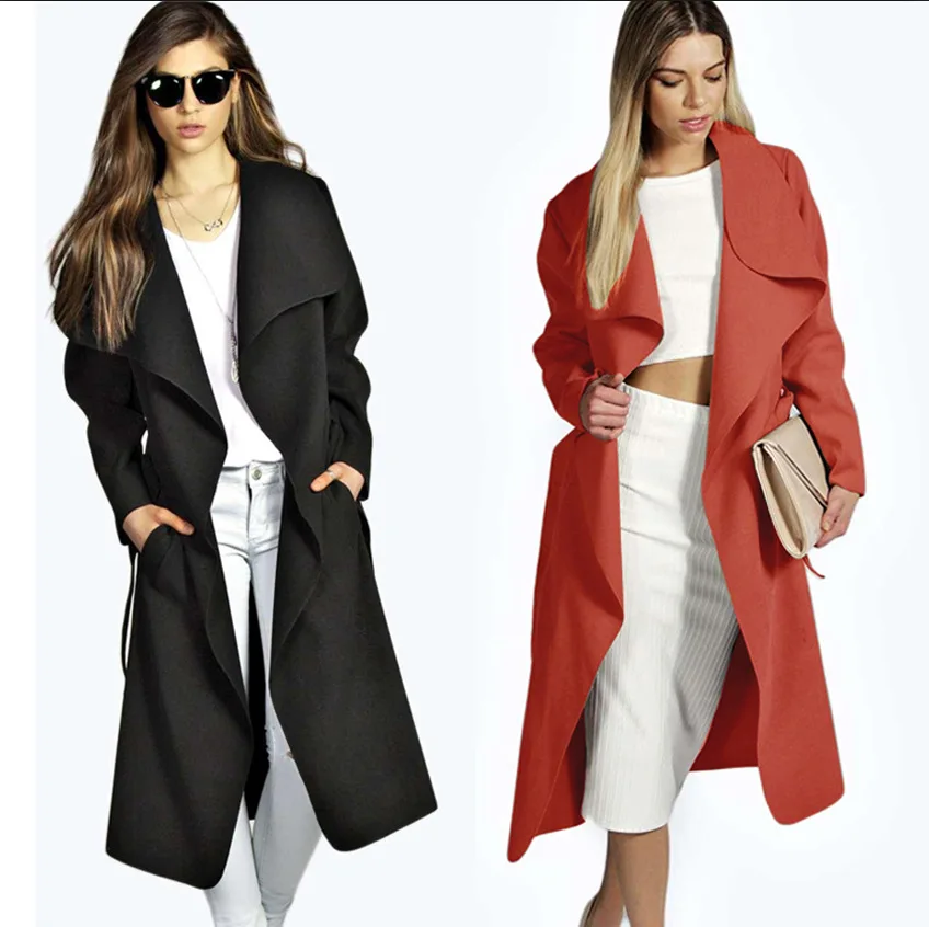 

mom winter fashion turn -down collar slim body-con basic woman long coat solid pockets belt sashes female coat