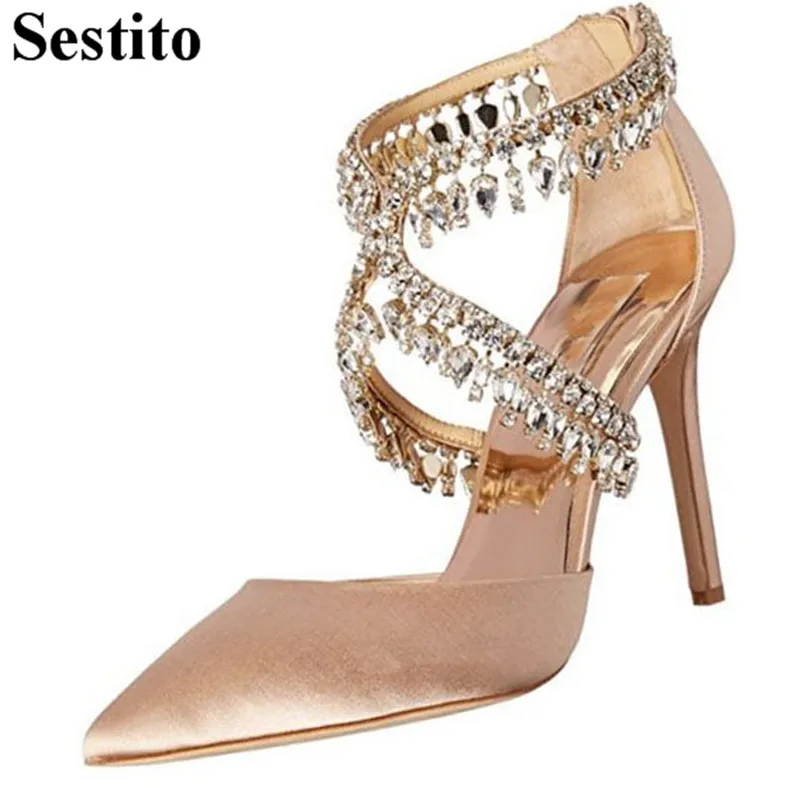 

New Fashion Nude Cross-tied Crystal Women Shoes Pointed Heels Wedding Pumps Thin Heels Zip High Heels Women Pumps Spring/Autumn
