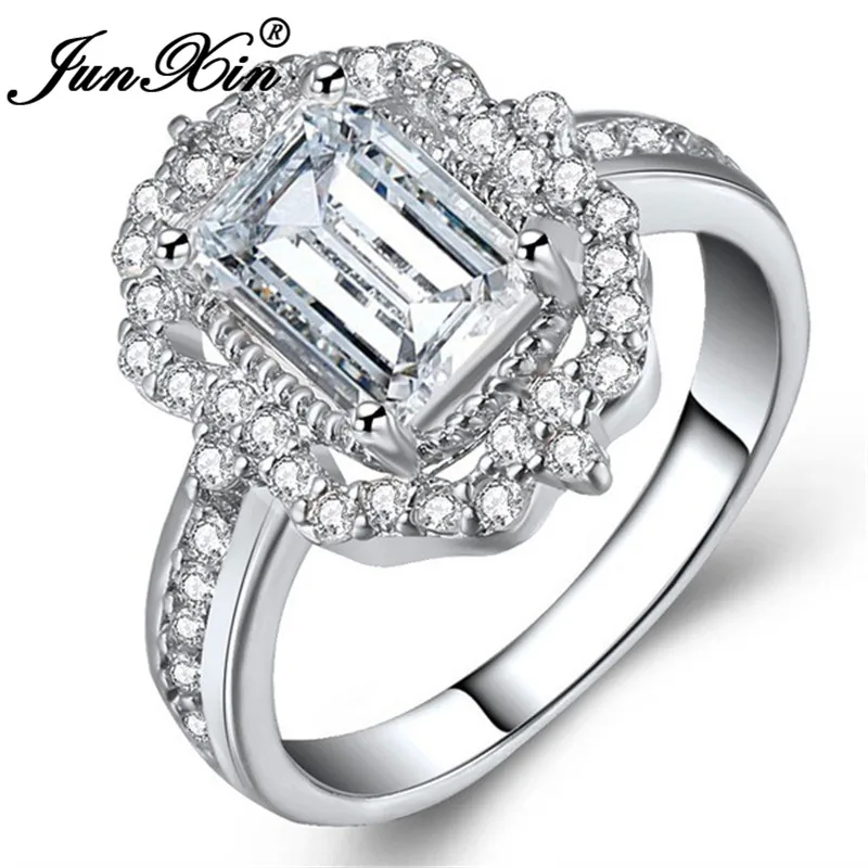 JUNXIN Princess Cute Stone Square White Crystal Rings For Women Silver/Rose Gold Filled Luxury Zircon Fashion Engagement Ring