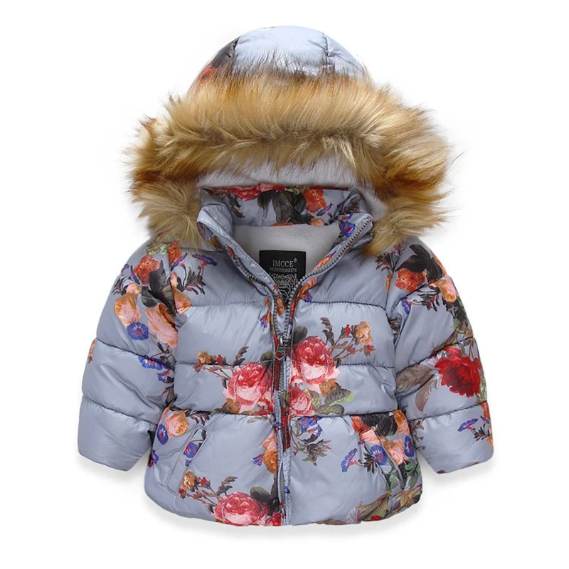 Warm Coat For Girl Hooded Kids Outerwear Flower Printed Puffer Jacket Fur Collar Children Girls Winter Clothes 