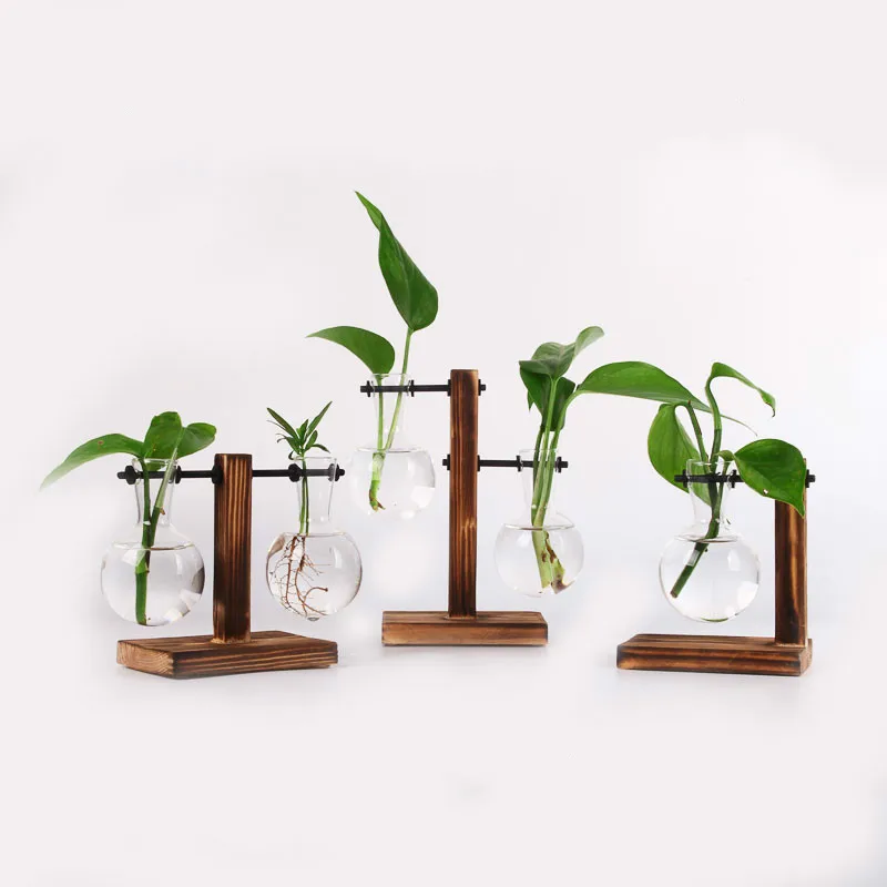 Vintage Style Glass Desktop Plant Bonsai Flower Christmas Decoration Vase with Wooden L / T Shape Tray Home Decor Accessories