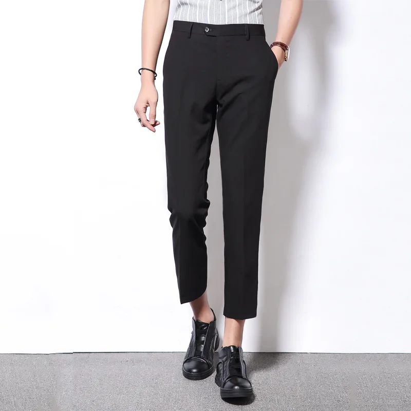Модные Для мужчин одежда 2018 Smart Повседневное прямо в середине лодыжки Длина брюки серый цвет: черный, синий карманов Костюмы Брюки XK09