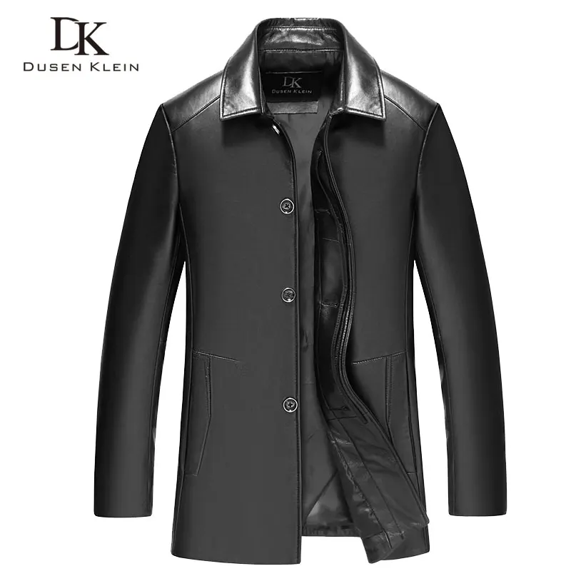 Long black trench coat men Genuine sheepskin Dusen Klein New 2017  slim spring overcoat leather coats Plus size 5XL 71C7135