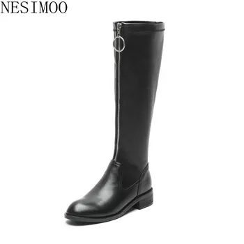 

NESIMOO 2019 Women Over The Knee High Boots Genuine Leather+pu Square Med Heel Zipper Elegant Black Women Shoes Size 34-39